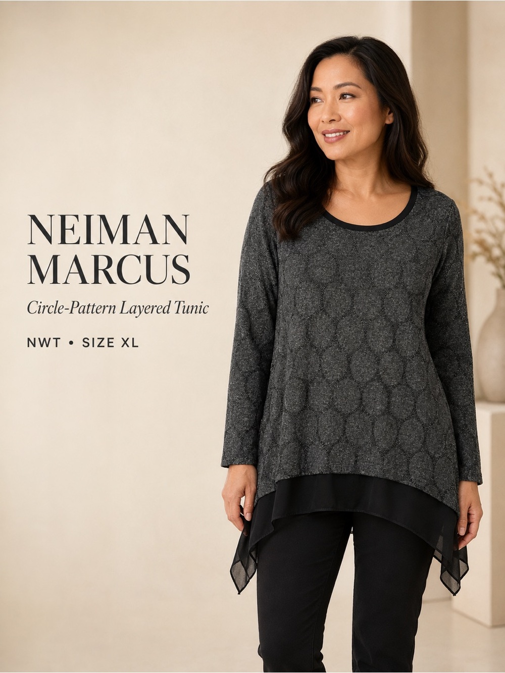 Neiman Marcus Gray Circle Pattern Layered Chiffon Hem Tunic Top NWT